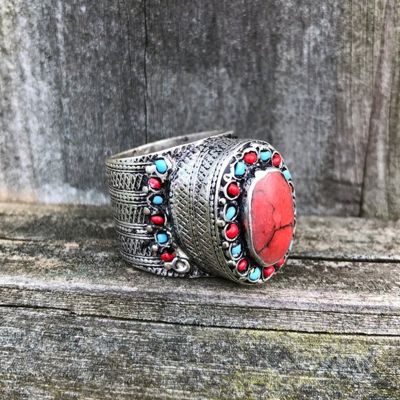 Bohemian Silver Ring with Red and Turquoise Accents - Picture 2 of 3
